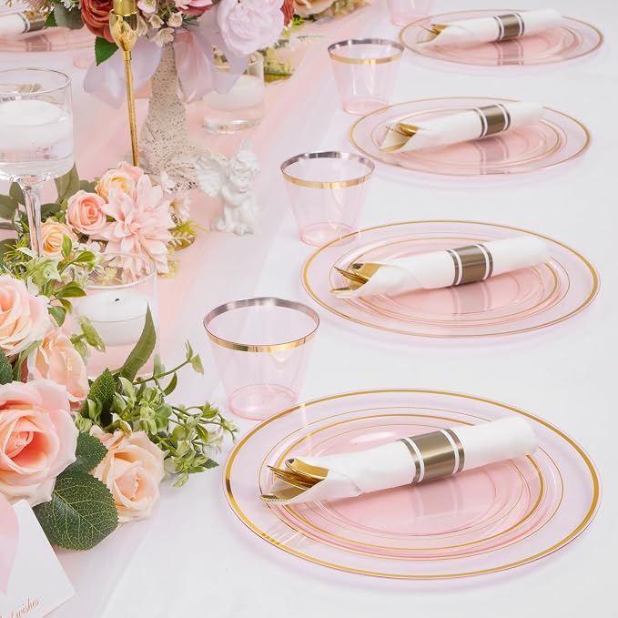 WELLIFE 210Pcs Clear-Pink Plastic Dinnerware- Pink and Gold Plastic Dinnerware - Image 9