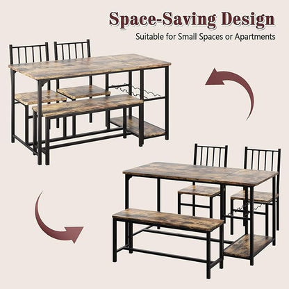 Dining Table for 4, Kitchen Table Set for 4 With 2 Chairs and Bench, Dining Room Table Set with Built in Wine Rack & Wine Glasses Holder, Storage Shelves for Small Space, Kitchen, Rustic Brown