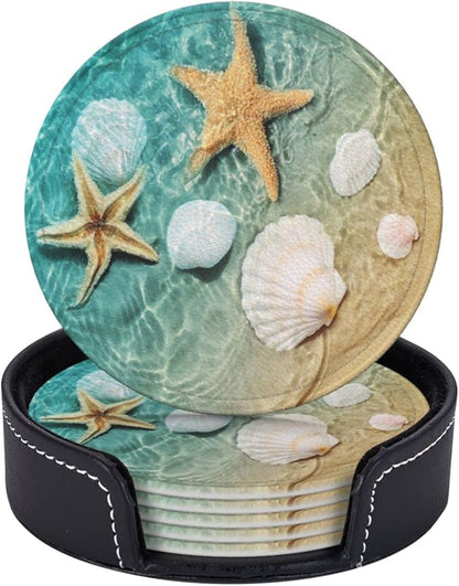 6 Pcs Starfish and Seashell On The Summer Beach in Sea Water. Leather Coasters - Image 2