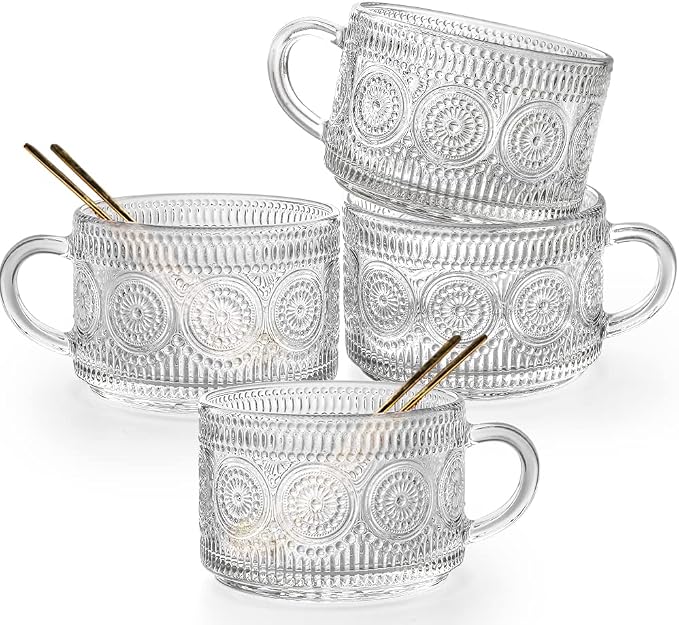 Vintage Glass Coffee Mugs Set of 4, 14 Ounces Embossed Glass Coffee Cups by Ymyaye