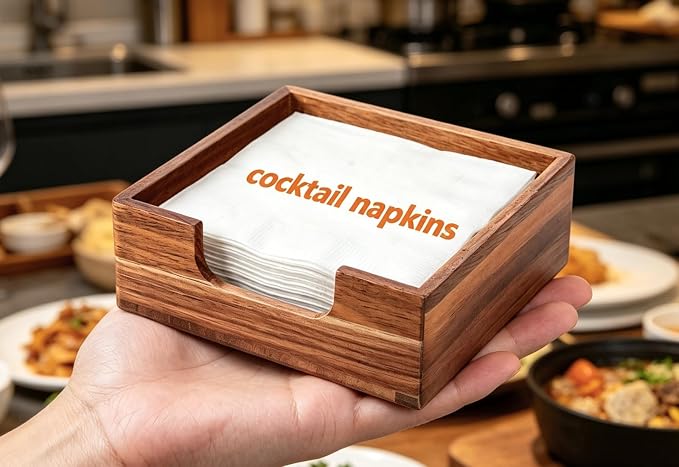 Acacia Cocktail Napkin Holder for Table, Wooden Napkin Holder, Flat Square - Image 2