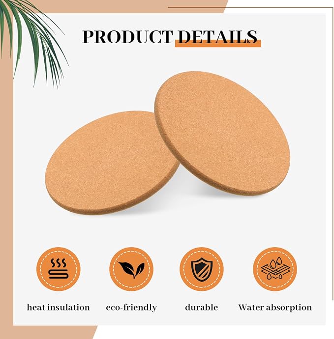 Boao 6 Pcs 4 Inch Round Absorbent Cork Coasters Wooden Cork Plant Coasters - Image 4