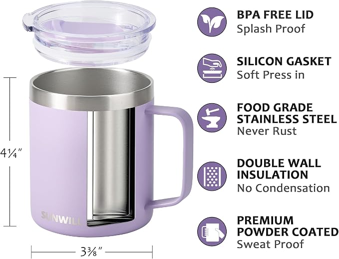 SUNWILL Travel Coffee Mug with Lid, Insulated Tumbler with Handle, 14 oz - Image 2