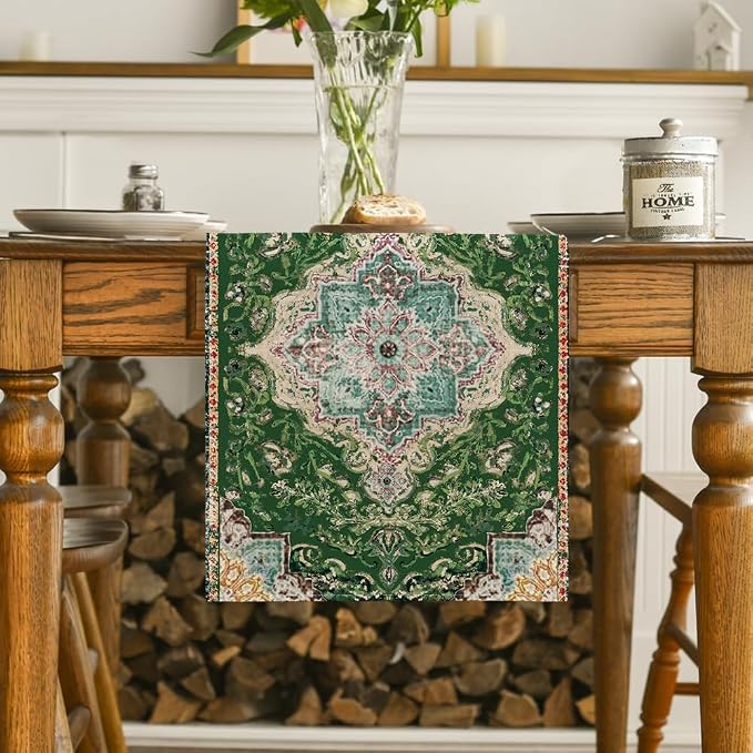 Artoid Mode Boho Bohemia Style Green Table Runner, Country Rustic Farmhouse - Image 2