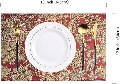Luxury Retro placemats for Dinner Table Set of 6,Machine Washable Fabric Placemats Non-Slip Heat Resistant Indoor Dining Table mats placemats (Red, Set of 6)