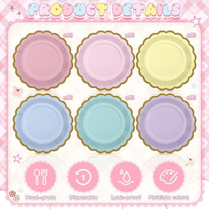 96 Pcs Pastel Paper Plates 9 Inch Gradient Scalloped Paper Disposable Dinner Dessert Plates for Easter Birthday Wedding Bridal Party Supplies, 6 Colors
