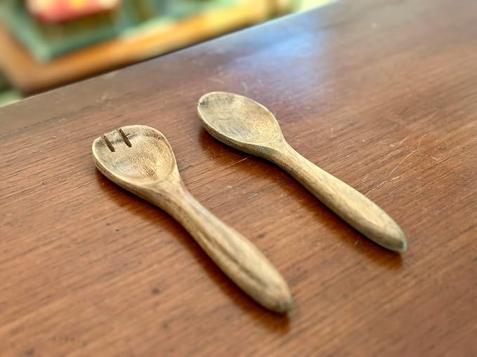 6 Inch Acacia Wood Salad Server Set Wooden Mixing Tongs Dinner Fork & Spoon - Image 3