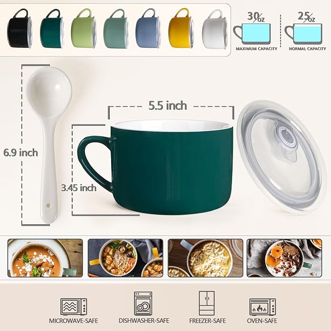 Soup Bowls with Handles & Spoons, 30oz Ceramic Ramen Bowl with Lid, Large Soup - Image 2