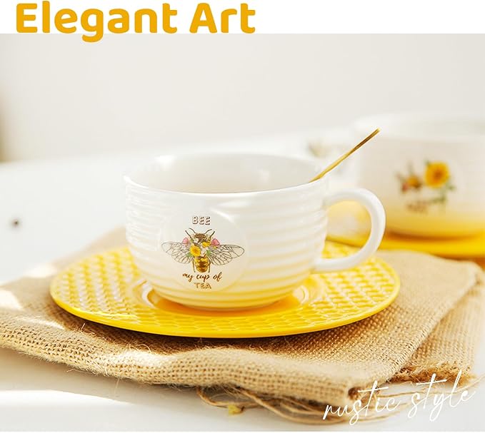 2 PCS Tea & Coffee Saucers, Honey Bee Pattern Ceramic Tea Plates Round Cup - Image 5