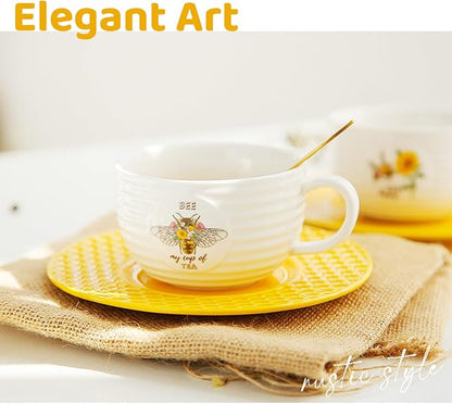 2 PCS Tea & Coffee Saucers, Honey Bee Pattern Ceramic Tea Plates Round Cup - Image 5