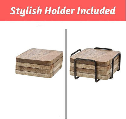 Godinger Coasters, Wooden Coasters with Holders, for Barware & Drinkware Rustic Design, Set of 4