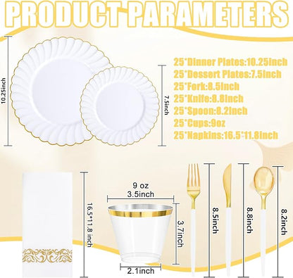 Ciaell 175 PCS White Scalloped Plastic Plates with Gold Trim - Gold Plastic Silverware with Handle - Fancy High-End Dinnerware Sets for Wedding & Party(25 Guests)