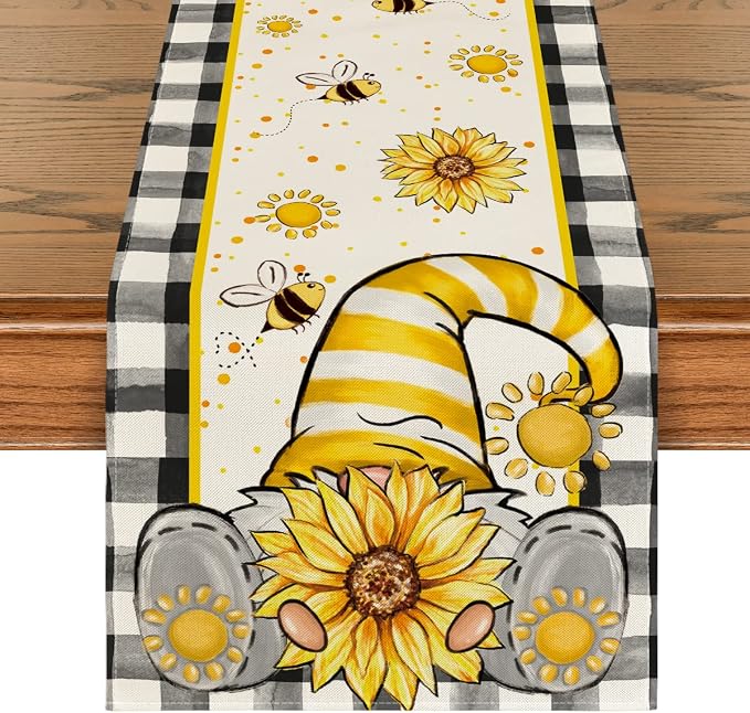 Artoid Mode Buffalo Plaid Sunflower Gnomes Bee Summer Table Runner, Seasonal by ArtoidMode
