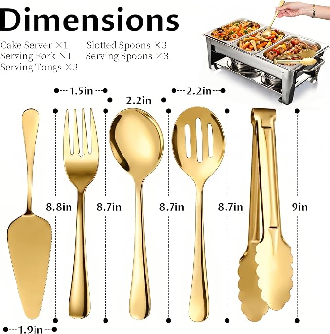 11PCS Stainless Steel Gold Serving Utensils, 8.7''Serving Spoons, 8.7''Slotted - Image 2