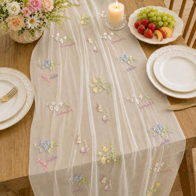 Wildflower Tulle Table Runner Butterfly Floral Wedding Party Home Decor | White - Image 2