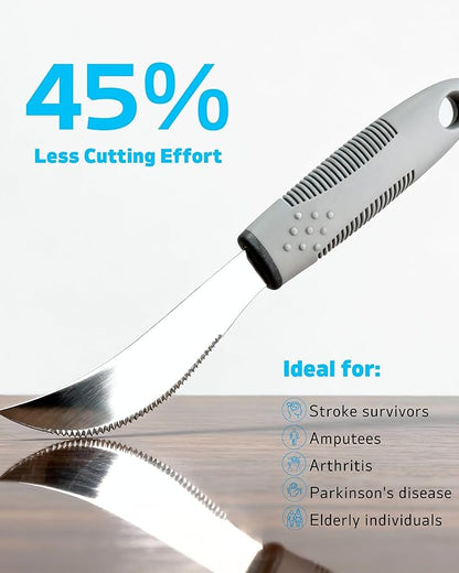 4-Piece Adaptive Utensils Set with Rocker Knife & Shovel Spoon - 42° Angled Parkinsons Utensils, 2.5 oz Weighted Silverware for Hand Tremors and Arthritis, Adaptive Eating Utensils (Grey Right-handed)
