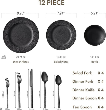 Black Dinnerware Sets with flatware, 32-Piece Matte Marble Pattern Premium - Image 2