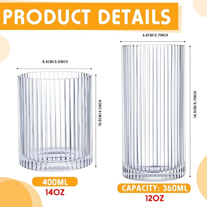Zhehao 12 Pcs Ribbed Drinking Glasses Set 12 oz 14 oz Glass Cups Vintage - Image 2