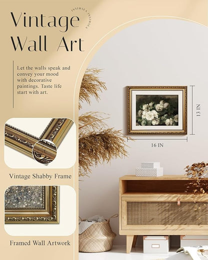 InSimSea Gold Picture Framed Wall Art, Bedroom Bathroom Vintage Flowers White Roses Canvas Print Wall Decor, Home Farmhouse Decor, Antique Paintings with Frames 13x16inch