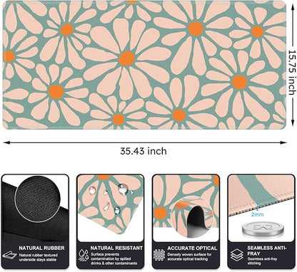 iCasso Desk Mat, XXL Large Mouse Pad, Anti-Slip Big Mousepad with Stitched Edges, Work & Gaming (Green Floral)