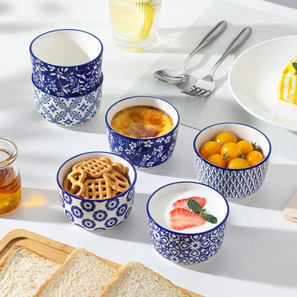 vancasso Selene 6 oz Ceramic Ramekins Set of 6, Microwave & Dishwasher Safe Souffle Cups for Baking, Dip & Sauce, Desserts, Handcrafted Blue Floral Bowls