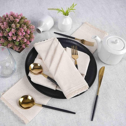 FINGERCRAFT Dinner Cloth Napkin Cotton Linen 4 Pack Vintage Rustic Premium Quality Mitered Corners Napkin Cloth with Elegant Lace for Everyday Use, Pre Shrunk and Good Absorbency 20x20 in Ivory