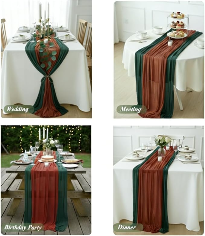 Cheesecloth Table Runner 2 Pack Terracotta and Dark Green, Boho Gauze Table - Image 5