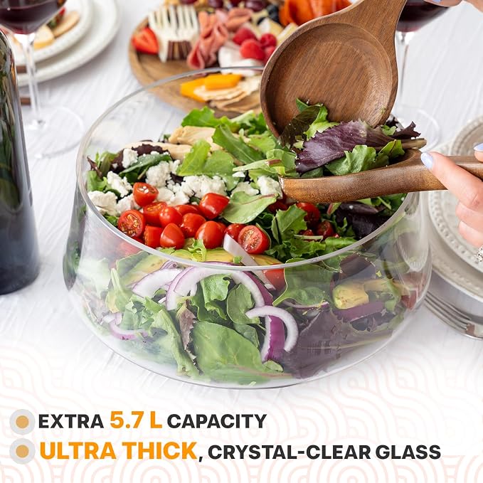Large Glass Salad Bowl with Lid Set, 5.7 L Decorative Glass Mixing Bowl - Image 3
