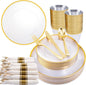 Rubtlamp 140Pcs Gold Plastic Plates, Clear Disposable Plates with Gold Trim, gold Dinnerware Include 20Dinner Plates,20Salad Plates, 20Cups,20Silverware With Pre Rolled Napkins