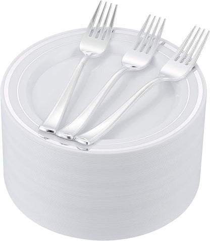 120pcs Silver Dessert Plates with Forks for 60 Guests-60pcs 7.5" Disposable Silver and White Small Plates with 60pcs 7.4" Forks-Cake/Appetizer/Salad Plate for Wedding,Birthday,Party