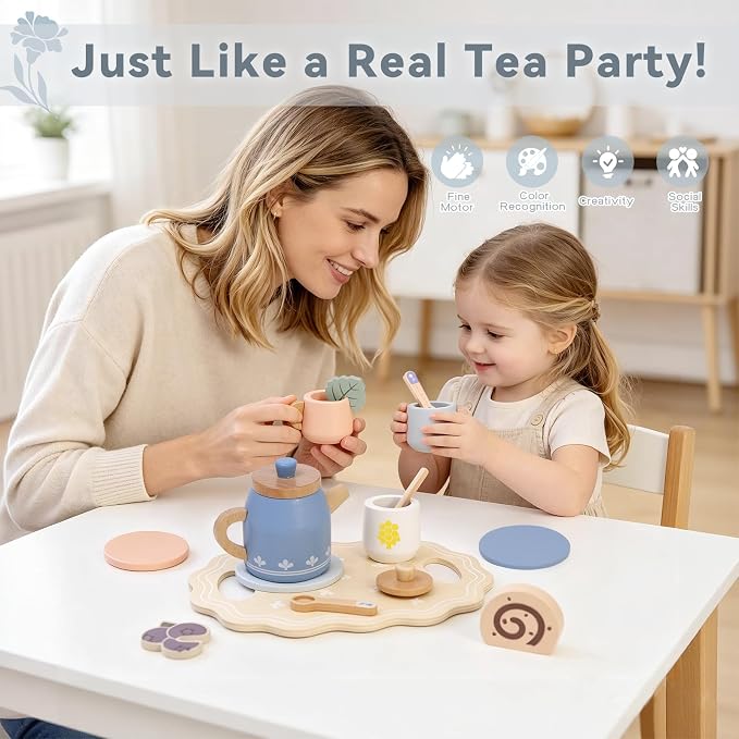 Wooden Tea Set for Little Girls, Play Food Sets for Kids Pretend Play Kitchen - Image 4