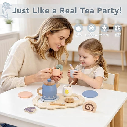 Wooden Tea Set for Little Girls, Play Food Sets for Kids Pretend Play Kitchen - Image 4