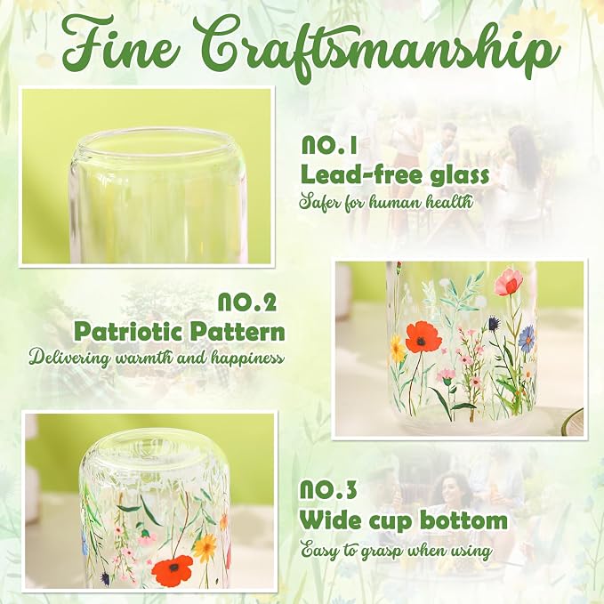 Sliner 2 Pcs Wildflower Glass Cups Floral Drinking Glasses Flower Iced Coffee - Image 6