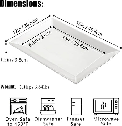 18" x 12" Large Serving Platter, Porcelain Heavy-Duty Large Serving Tray, White Rectangular Plate for Turkey, Food, Fruit, Party, Wedding, Christmas, Chip and Scratch Resistant