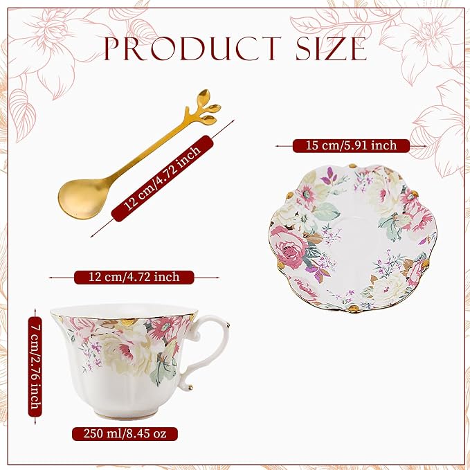 TATSUMI Country Roses Bone China Tea Cup and Saucer Set, 3 Pieces, Vintage Style - Image 2