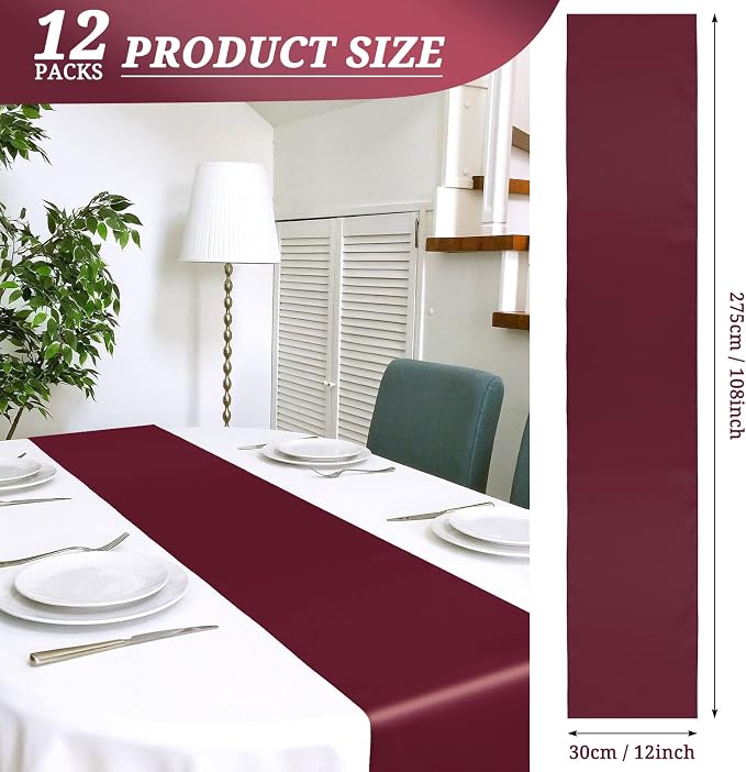 12 Pack Burgundy Satin Table Runner 12 x 108 Inch Long Premium Table Runners - Image 2