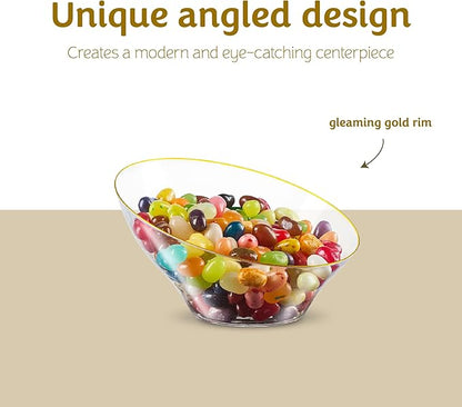 PLASTICPRO Angled Plastic Bowls Disposable Small Plastic Clear Serving Bowls with Gold Rim for Party for Appetizer Salads Pack of 8