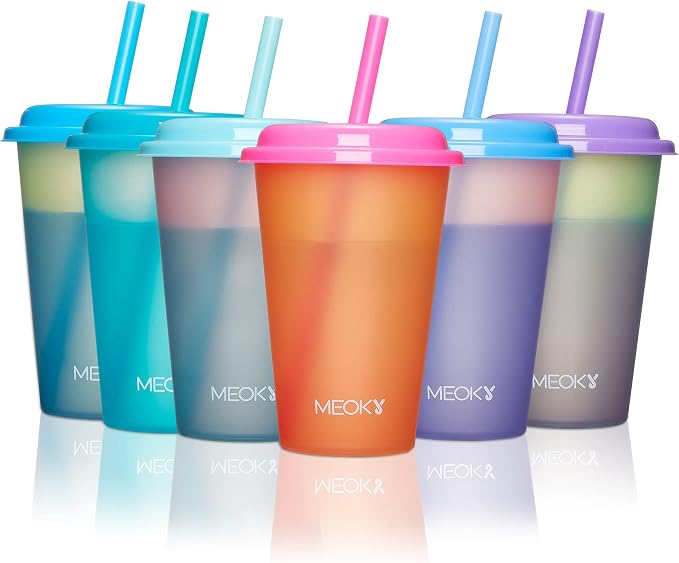 Meoky Color Changing Cups with Lids and Straws by MEOKY