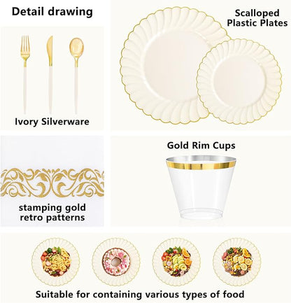 Ciaell 175 PCS Ivory Scalloped Plastic Plates - Gold Disposable Plates Fancy High-end Dinnerware Sets for Wedding & Party (25 Guests)
