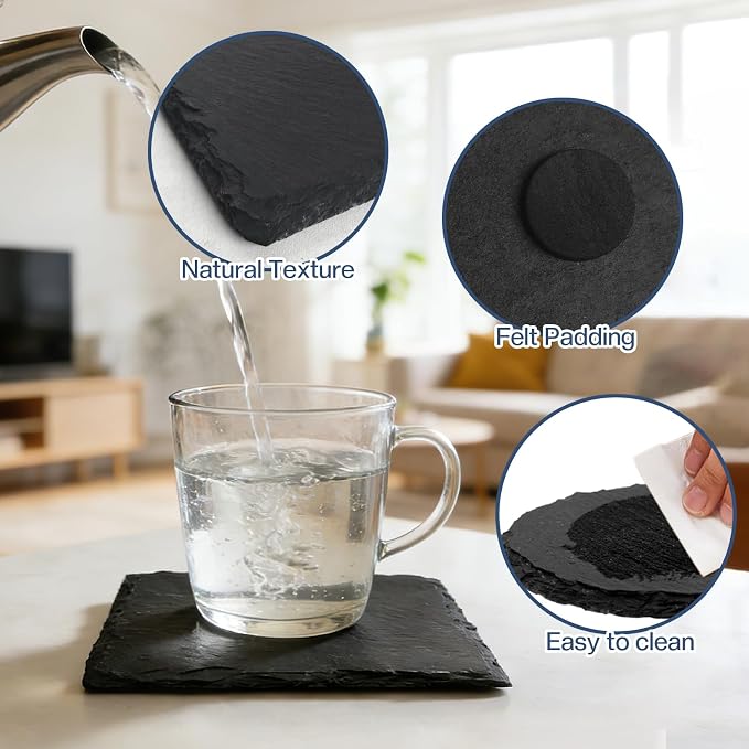 24 Pcs Slate Coasters, 4 inch Black Stone Coaster Set, Square，Round | Perfect - Image 5