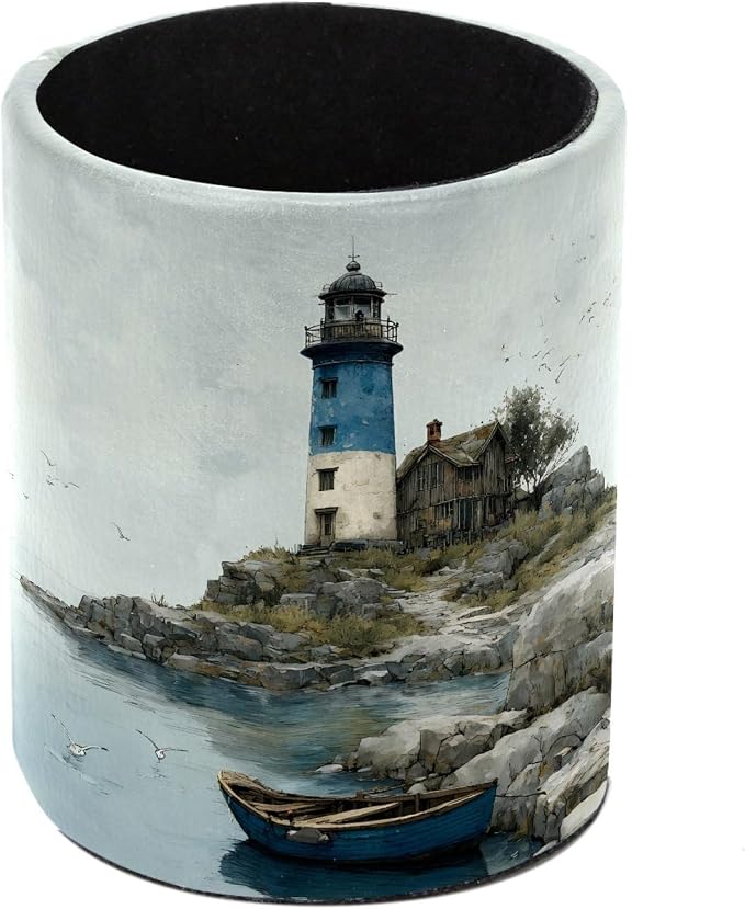 Leather Pen Holder for Desk, Coastal Lighthouse Pencil Cup Pen Organizer Makeup by Unknown