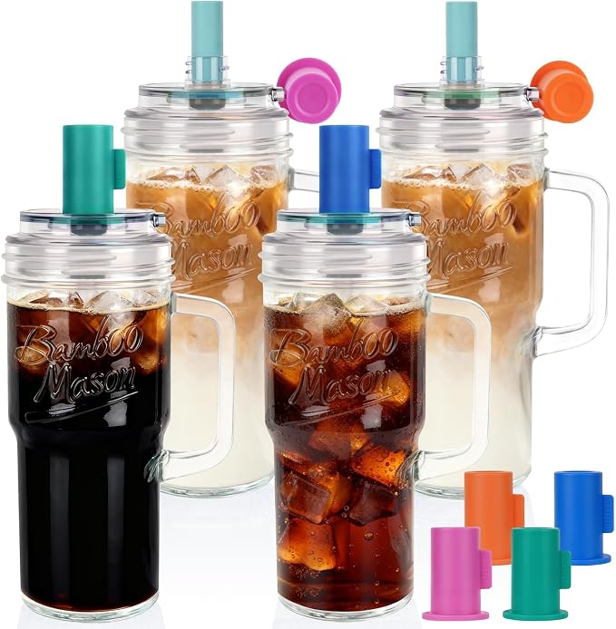 ANOTION Mason Jar Cups with Lids and Straw, Leakproof 24oz Glass Tumbler with by ANOTION