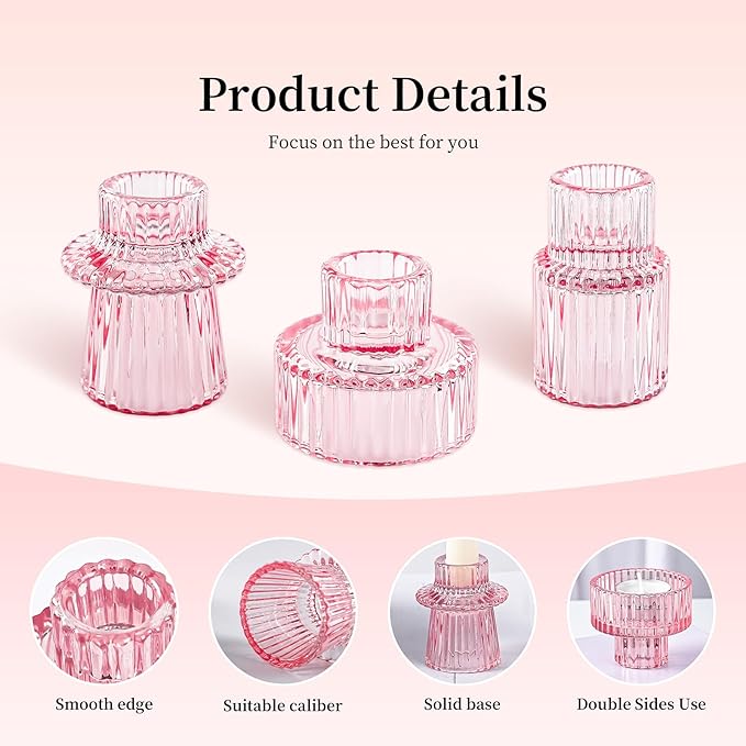 Taper Votive Candle Holder for Pillar Candles Tealight, Candlestick Holder for Wedding Christmas Tea Party, Boho Ribbed Vintage Crystal Glass Table Centerpiece Decor, Bulk Set of 6 (Pink)