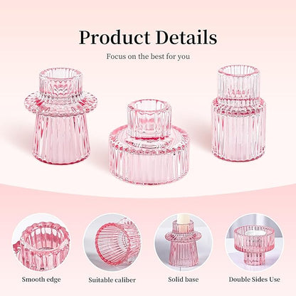 Taper Votive Candle Holder for Pillar Candles Tealight, Candlestick Holder for Wedding Christmas Tea Party, Boho Ribbed Vintage Crystal Glass Table Centerpiece Decor, Bulk Set of 6 (Pink)