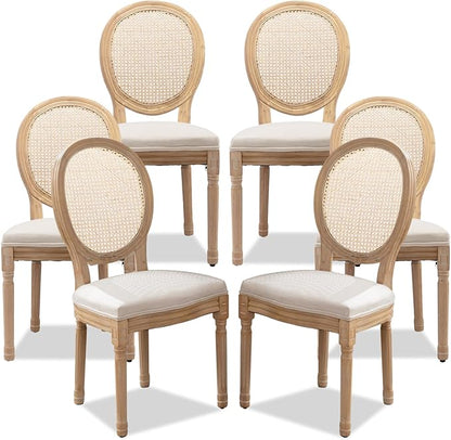 SoarFlash French Dining Chairs Set of 6, Vantage Dining Chair with Round Back, Farmhouse Country Rattan Dining Chair for Kitchen,Bedroom,Beige