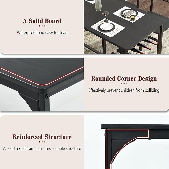 4 EVER WINNER Dining Table Set for 4, 55" Small Kitchen Table with Wine Rack & Wine Glasses Holder, Dining Room Table Set with 2 Chairs and Bench for Small Space, Black