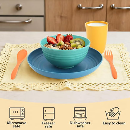 Wheat Straw Dinnerware Sets, 20 PCS Service for 4, Dishwasher & Microwave Safe Kids Plates and Bowls Sets, Unbreakable Lightweight Outdoor Camping Dishes - Multicolor