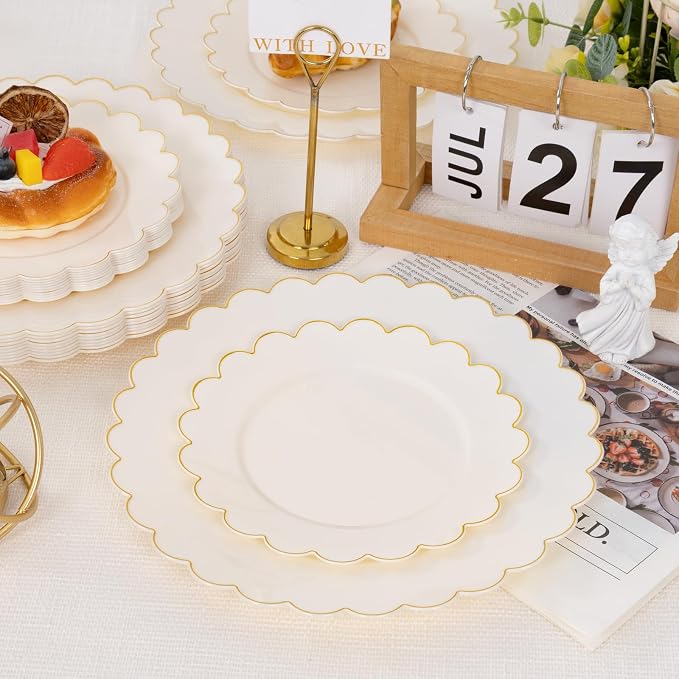 100pcs Scalloped Ivory Gold Plastic Plates, Elegant Party Plates | Includes 50 - Image 8