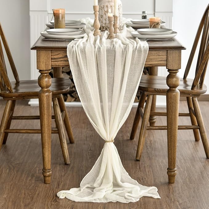 Artoid Mode Boho Cheesecloth Gauze Beige Wedding Table Runner, 160 Inch - Image 2