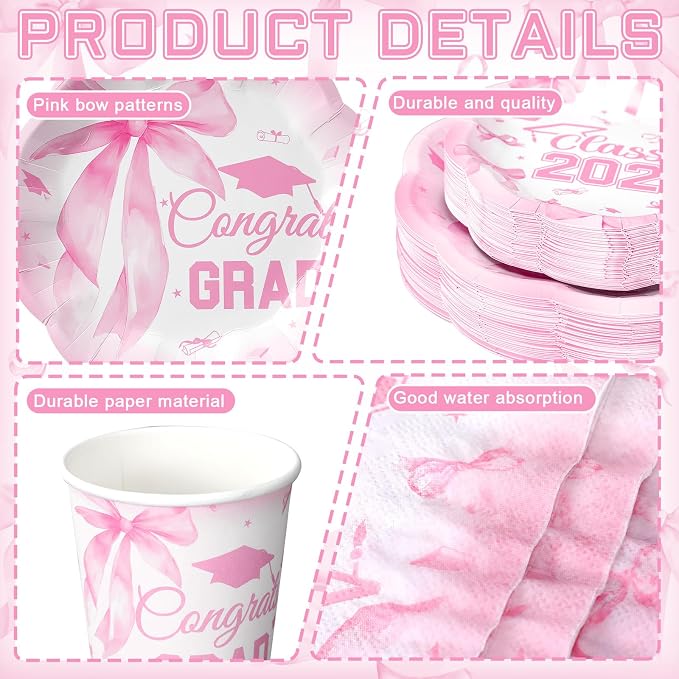 250 Pcs Pink Bow Graduation Disposable Paper Plate Napkins | Congrats Grad - Image 2